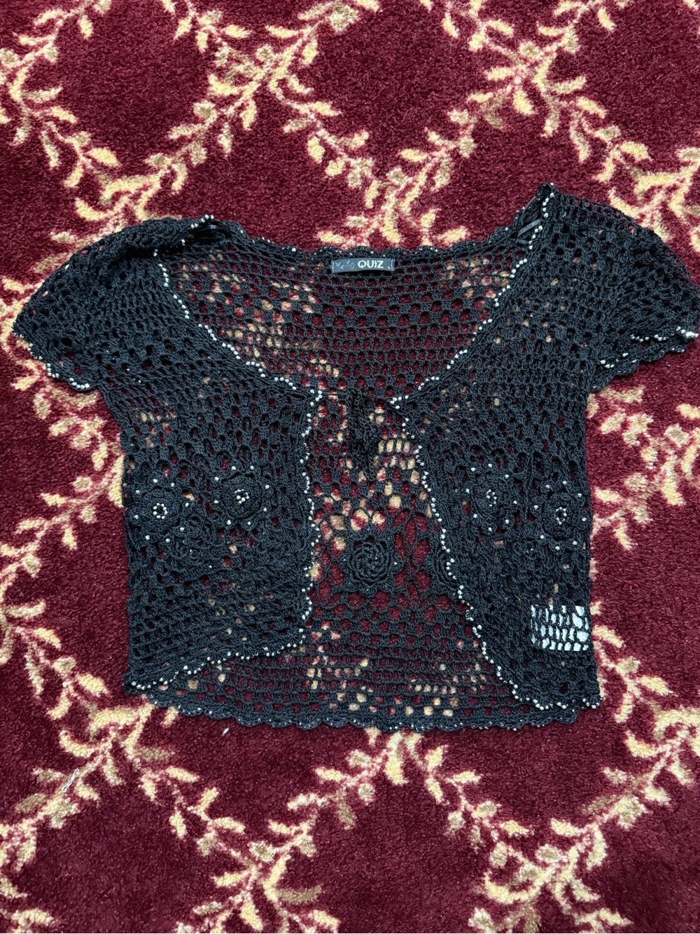 Black Crochet Short Sleeve Crop Top